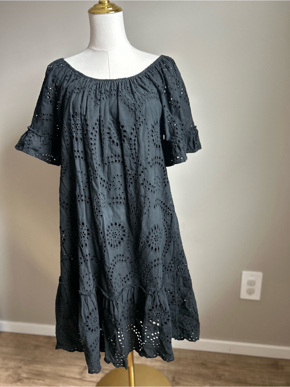 100% cotton Black Eyelet Off-Shoulder Midi Dress made in Italy timeless summer